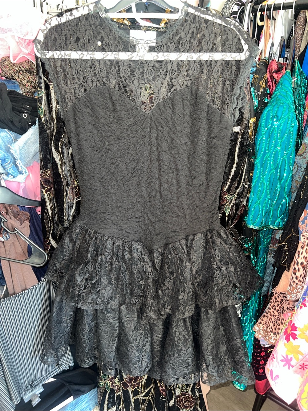 90s Black Lace whimsigoth Tiered Peplum Cocktail Dress